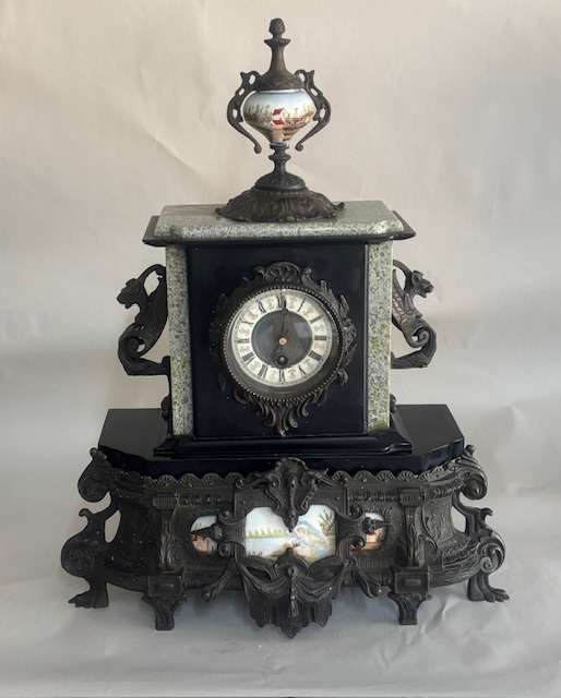 European Hand-Painted Mantel Clock with Brass and Granite