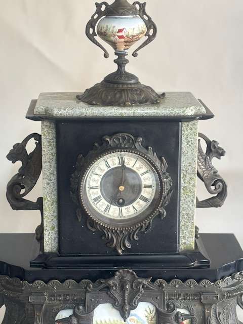 European Hand-Painted Mantel Clock with Brass and Granite