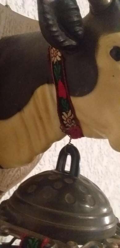 Vintage Mounted Cow Head with Metal Bells Wall Hanging
