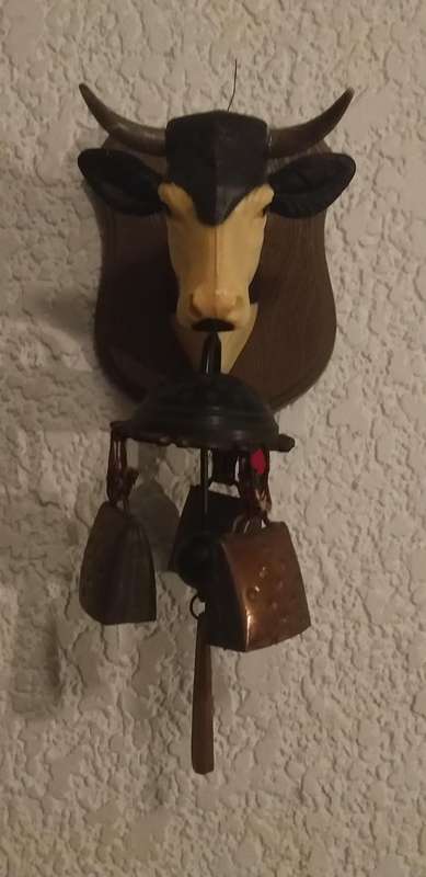 Vintage Mounted Cow Head with Metal Bells Wall Hanging