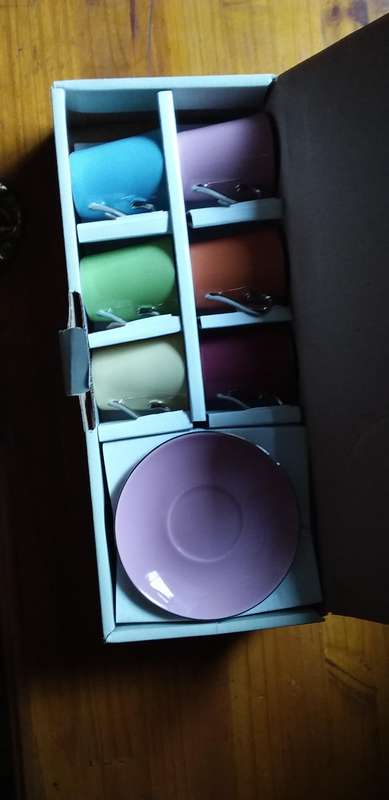 Six funky espresso cups and saucers from @home all six are different retro funky colors with silver