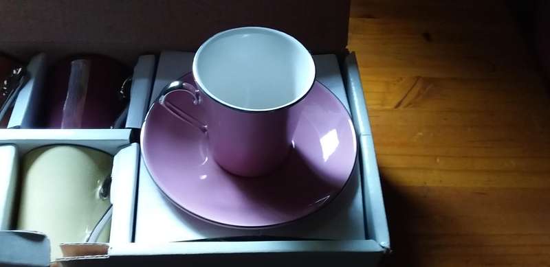 Six funky espresso cups and saucers from @home all six are different retro funky colors with silver
