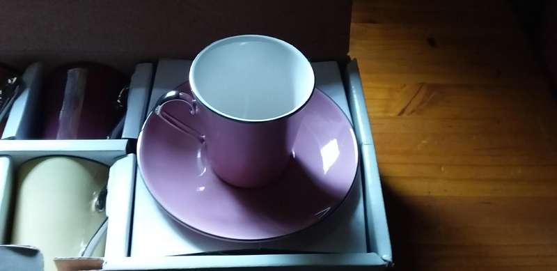 Six funky espresso cups and saucers from @home all six are different retro funky colors with silver