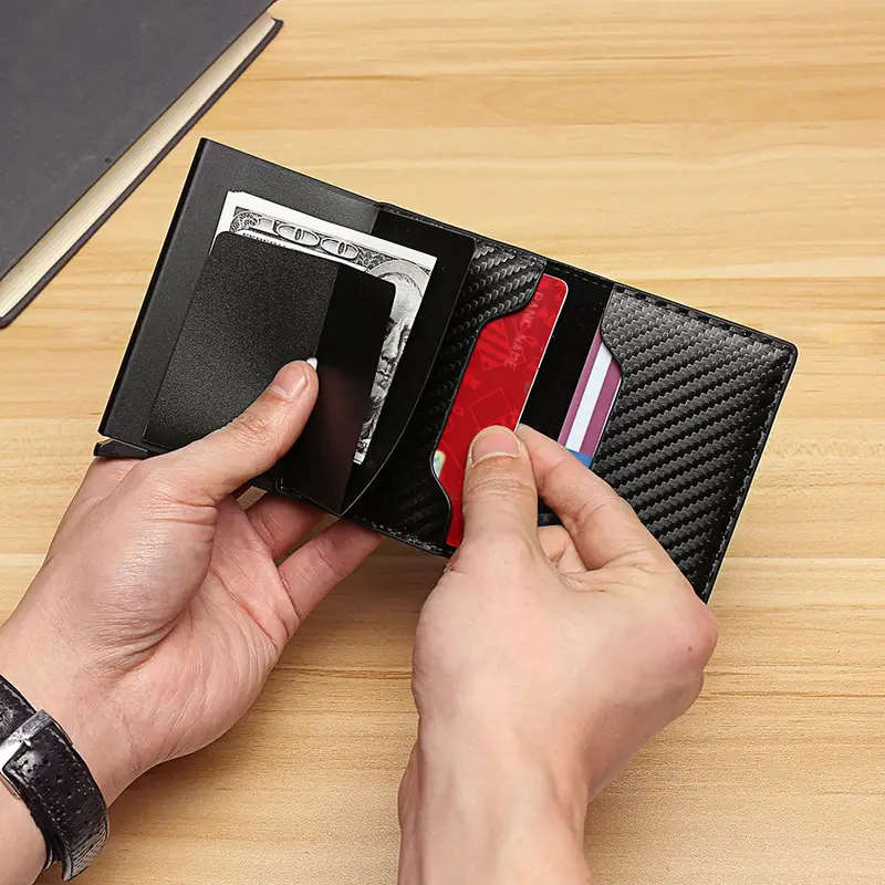 RFID Blocking Metal Case Card Holder Carbon Fibre Pattern Faux Leather Wallet