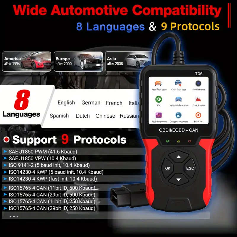 Car Fault Detector Code Reader OBD2 Scanner Diagnostic Tool T06 8 Languages 9 Protocols