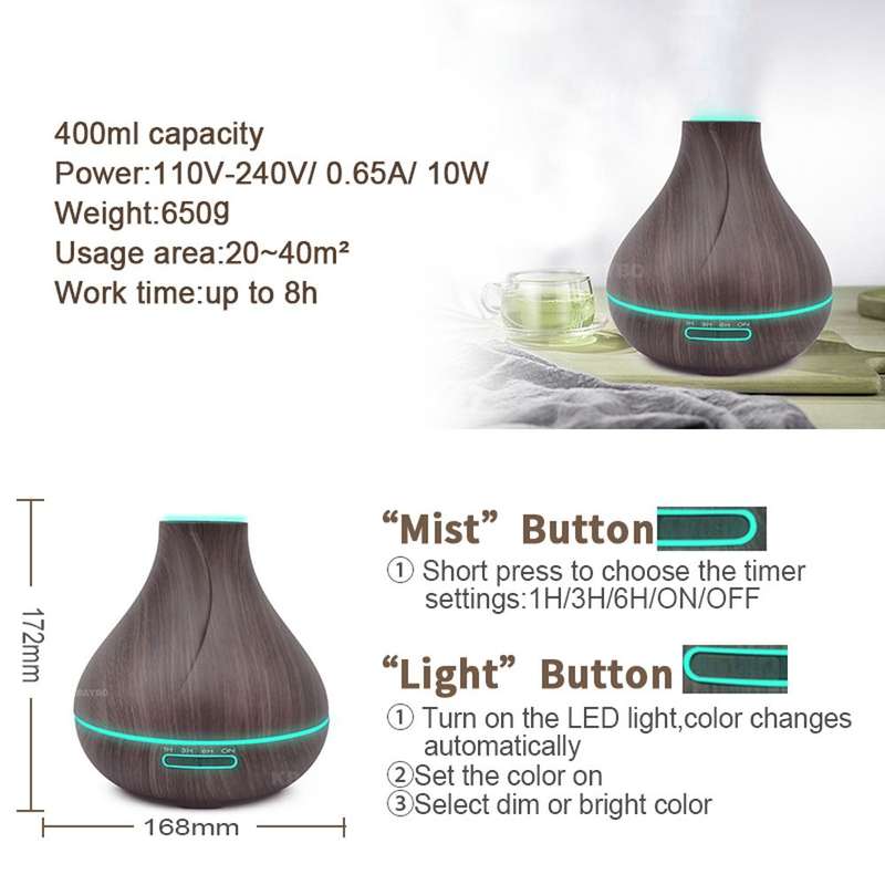Woodgrain LED Aromatherapy Cool Mist Maker Essential Oil Diffuser (400ml)