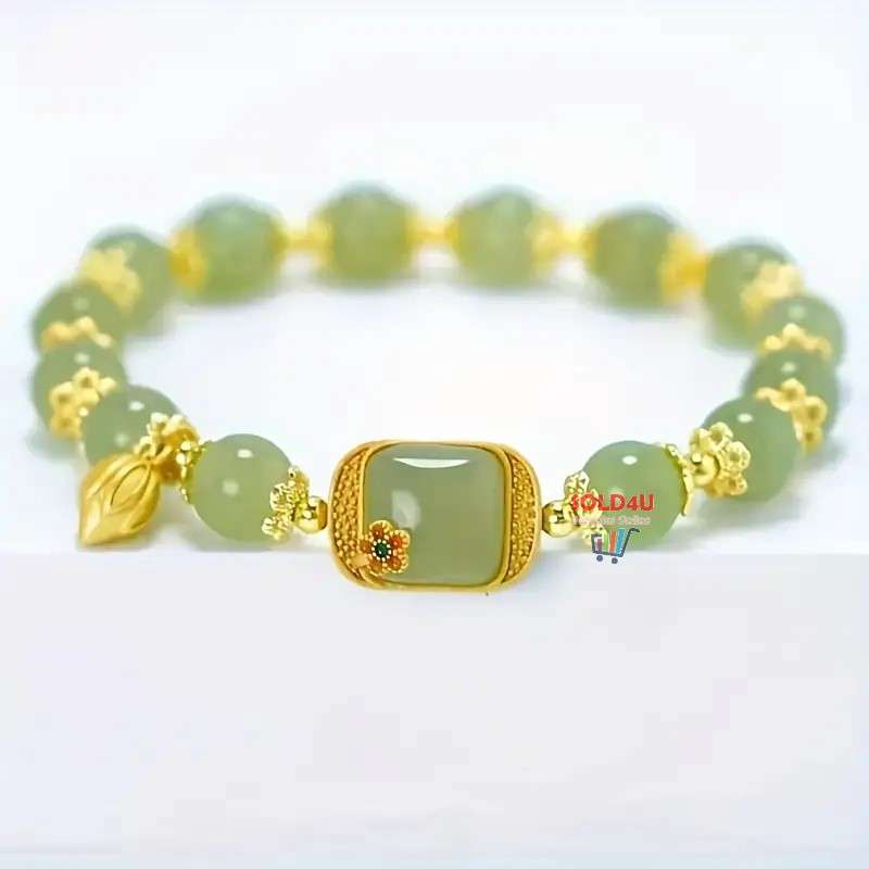 Lotus Beaded Glass Bracelet For Girls - Charming Green Beaded Bracelet with For Lotus Pod Charm