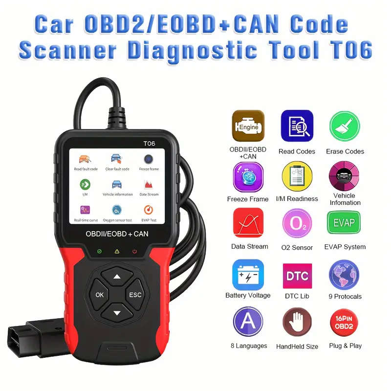 Car Fault Detector Code Reader OBD2 Scanner Diagnostic Tool T06 8 Languages 9 Protocols