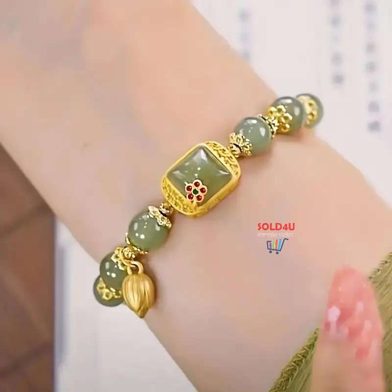 Lotus Beaded Glass Bracelet For Girls - Charming Green Beaded Bracelet with For Lotus Pod Charm