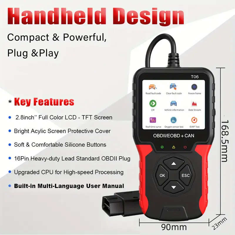 Car Fault Detector Code Reader OBD2 Scanner Diagnostic Tool T06 8 Languages 9 Protocols