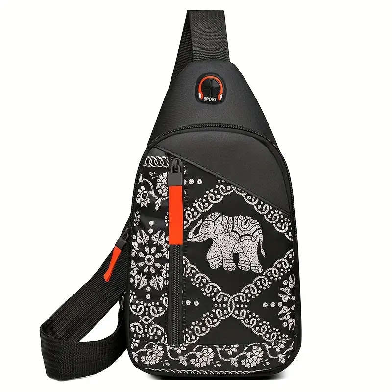 Chest Bag Single Shoulder Crossbody Bag With Earphone Hole (Elephant) Nylon Lightweight Sling Bag