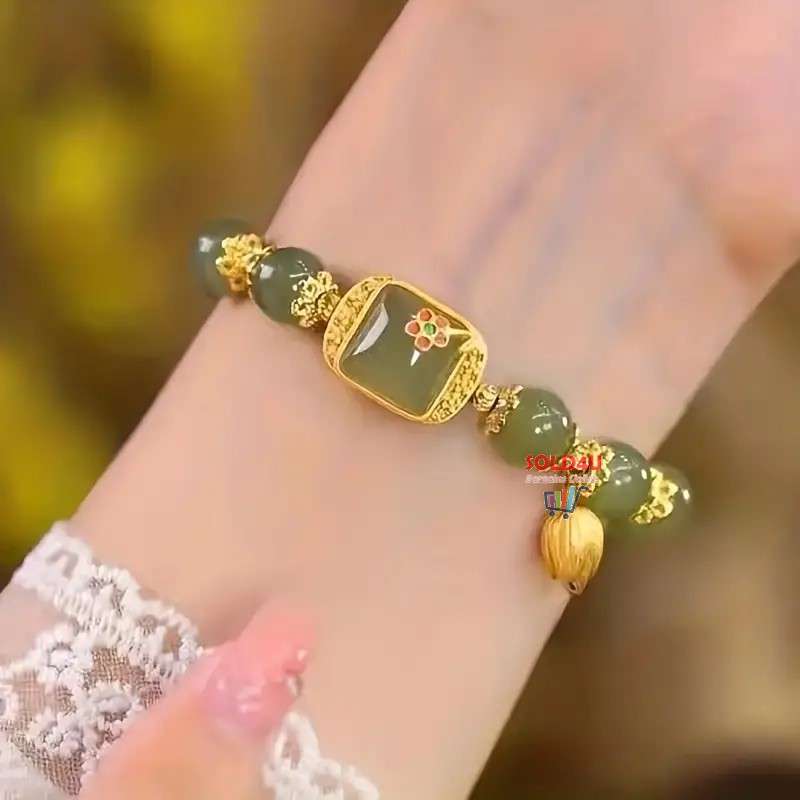 Lotus Beaded Glass Bracelet For Girls - Charming Green Beaded Bracelet with For Lotus Pod Charm