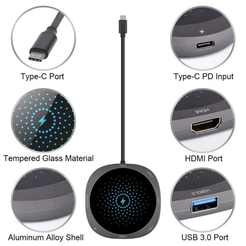 7 in 1 USB C HUB to USB 3.0 HDMI QI Adapter Wireless Charger