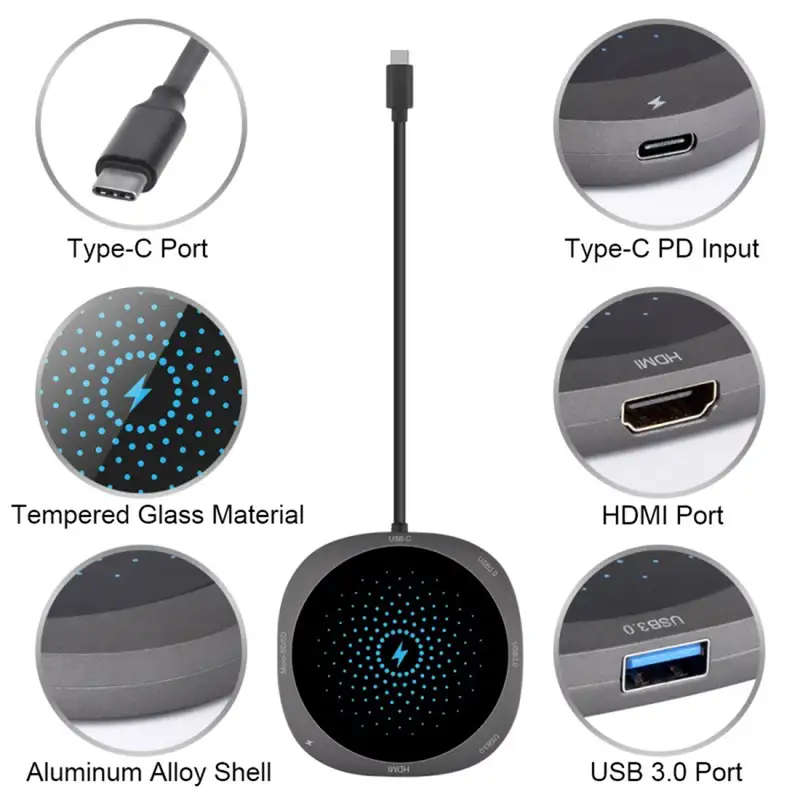 7 in 1 USB C HUB to USB 3.0 HDMI QI Adapter Wireless Charger
