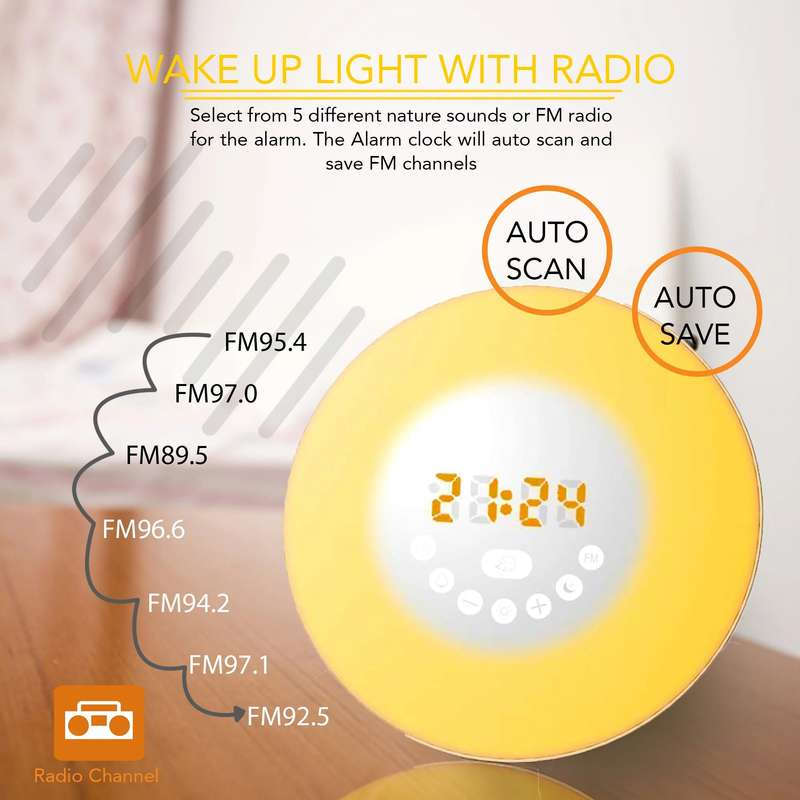 Sunrise Alarm Digital Clock Wake Up Light with 6 Nature Sounds FM Radio