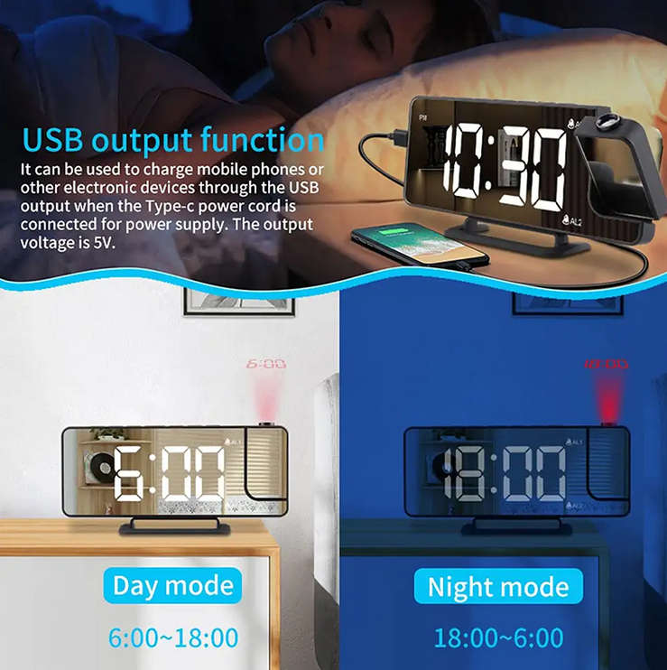 Mirror LED Digital Vibrating Projection Snooze Alarm Clock