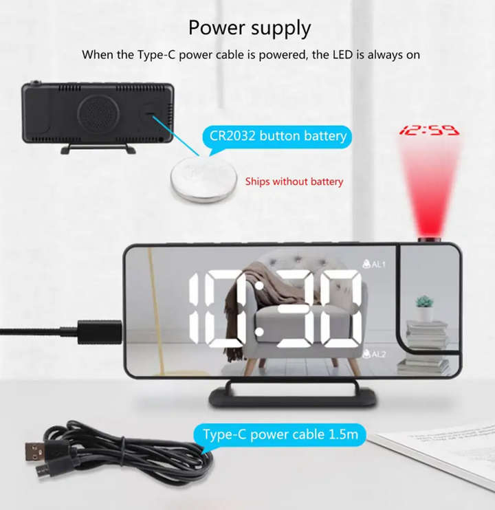 Mirror LED Digital Vibrating Projection Snooze Alarm Clock