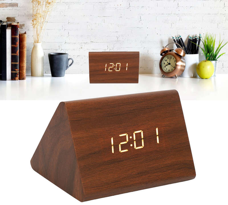 Digital Alarm Clock Triangle Shape Wooden Finish