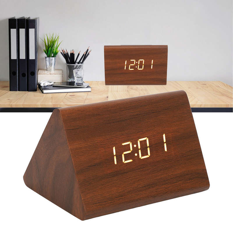 Digital Alarm Clock Triangle Shape Wooden Finish