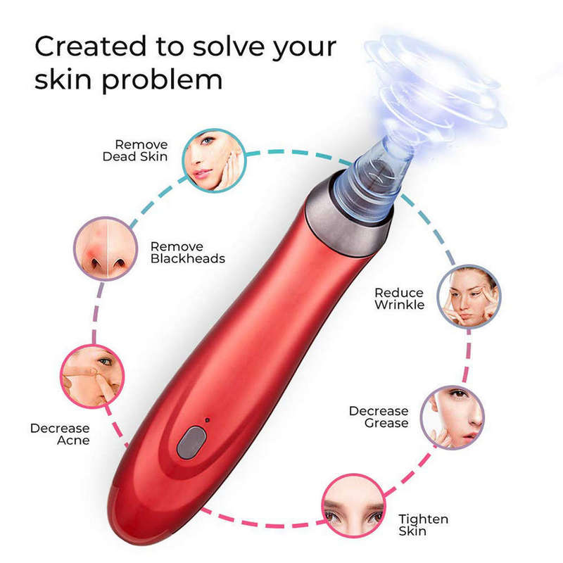 Professional Facial Blackhead remover with 5 Sucker Heads Red