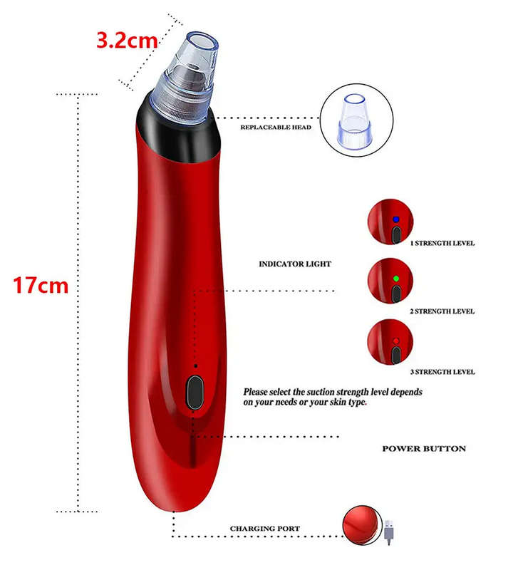 Professional Facial Blackhead remover with 5 Sucker Heads Red