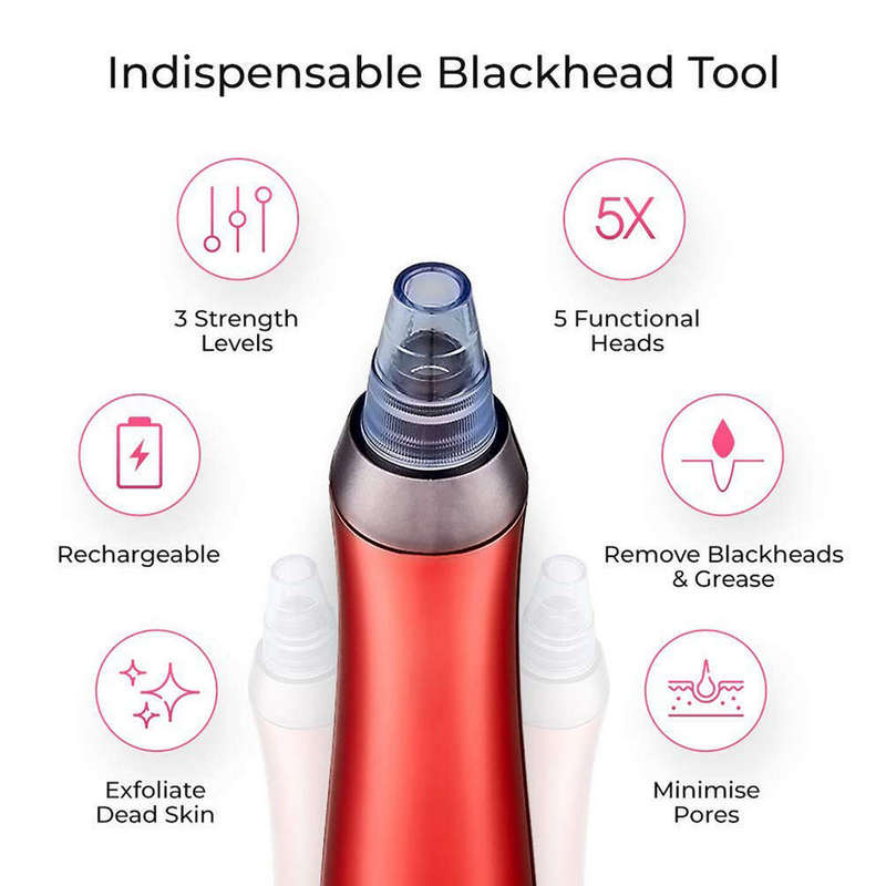 Professional Facial Blackhead remover with 5 Sucker Heads Red