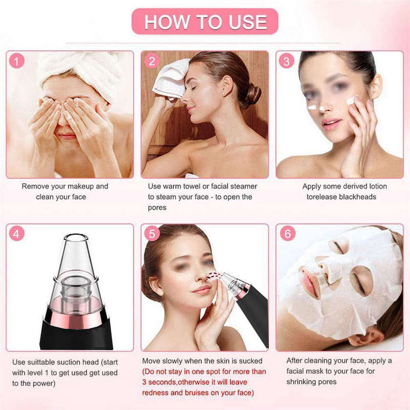 Blackhead Remover Vacuum Cleaner with 6 Sucker Heads Black