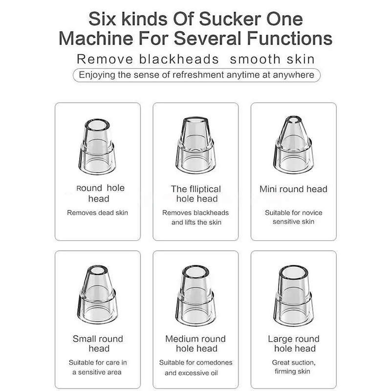 Blackhead Remover Vacuum Cleaner with 6 Sucker Heads Black