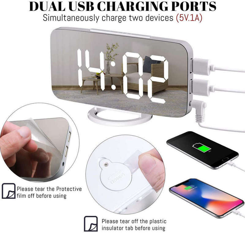 Large LED Mirrored Digital Alarm Clock with Dual USB