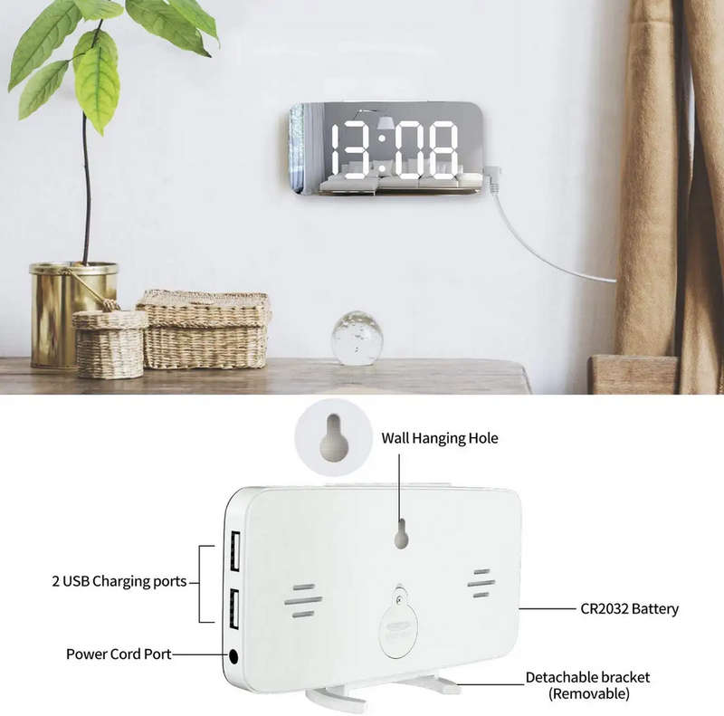 Large LED Mirrored Digital Alarm Clock with Dual USB