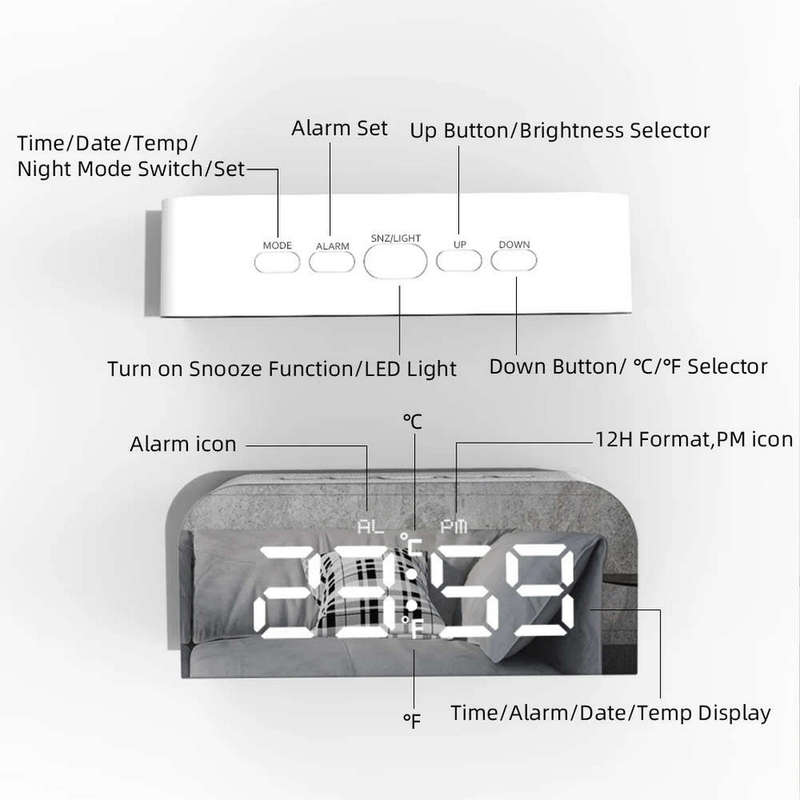 LED Mirror Clock with Alarm Snooze