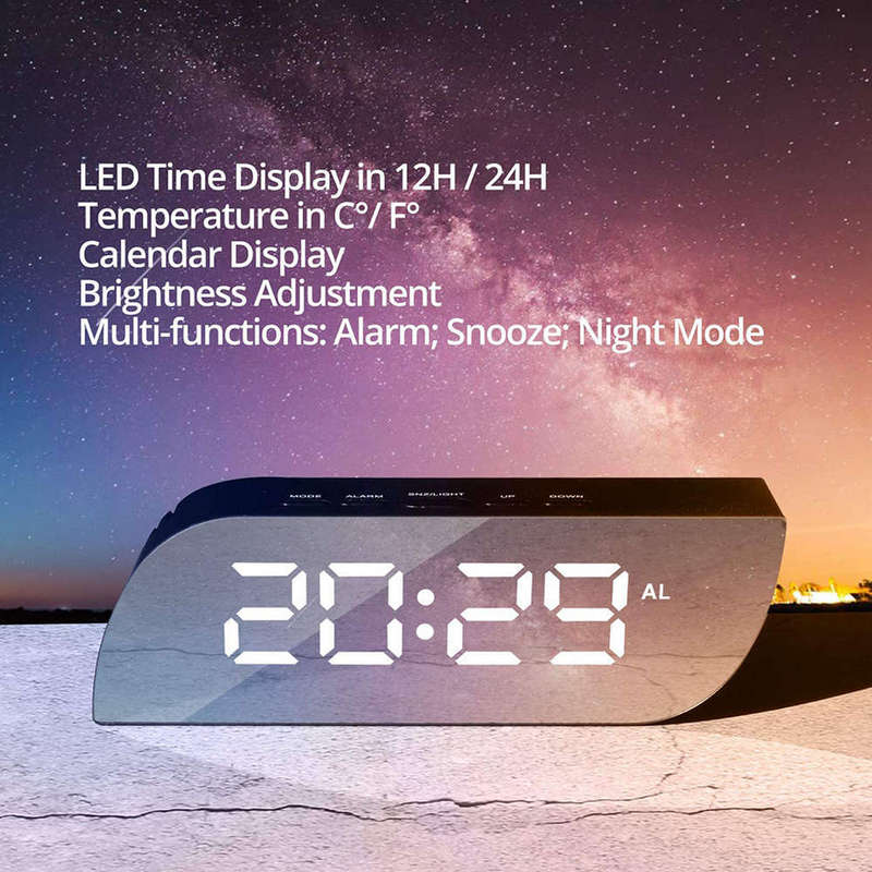 Trapezoidal Digital LED Mirror Alarm Clock - White Font