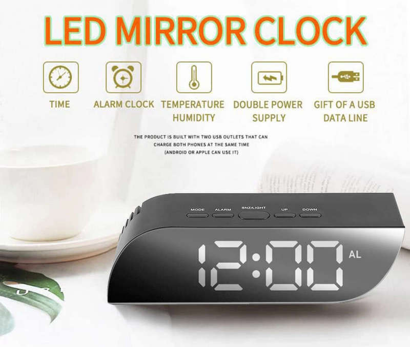 Trapezoidal Digital LED Mirror Alarm Clock - White Font