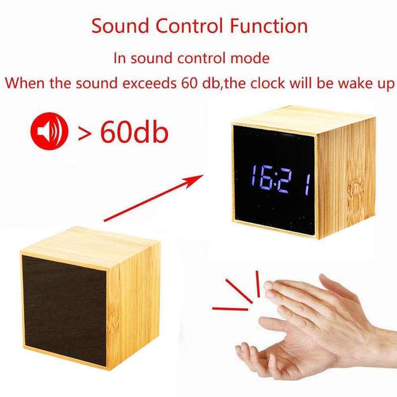 Mini Square Digital LED Wooden Alarm Clock Blue
