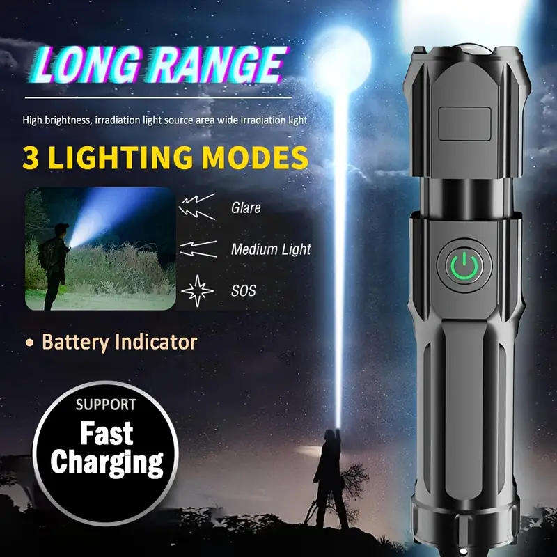 Ultra-Bright LED Flashlight Torch Rechargeable Zoomable with 3 Modes