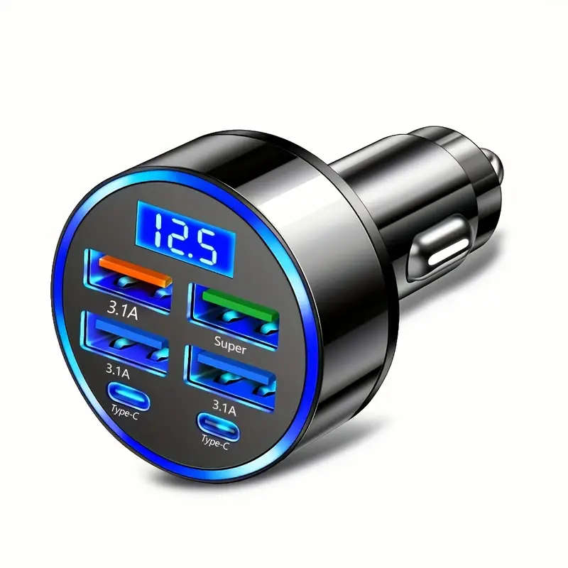 6-in-1 Fast Charging USB Car Charger with LED Display