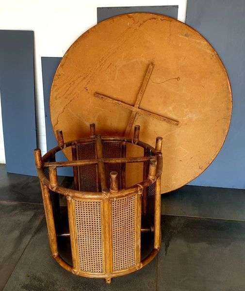 VINTAGE WICKER BASE PLUS TOP TABLE 1350 MM DIA