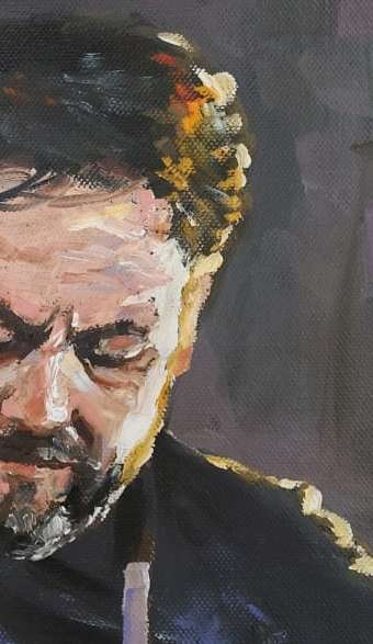 At work, Oil painting by Danie Cronjé on stretched canvas, 75x50 cm