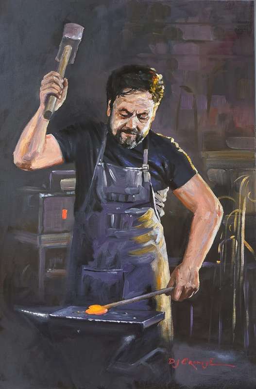 At work, Oil painting by Danie Cronjé on stretched canvas, 75x50 cm