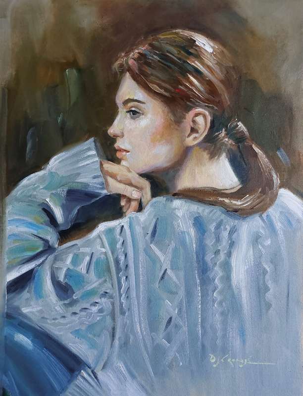 Considering, Oil painting by Danie Cronjé on canvas roll, unframed