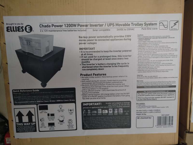 600W Ellies pure sine wave trolley inverters. Solar ready