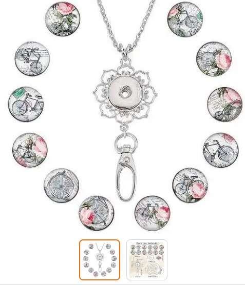DIY 12pc Vintage Bicycle Glass Snap Button Stainless Steel Chain Kit. B35