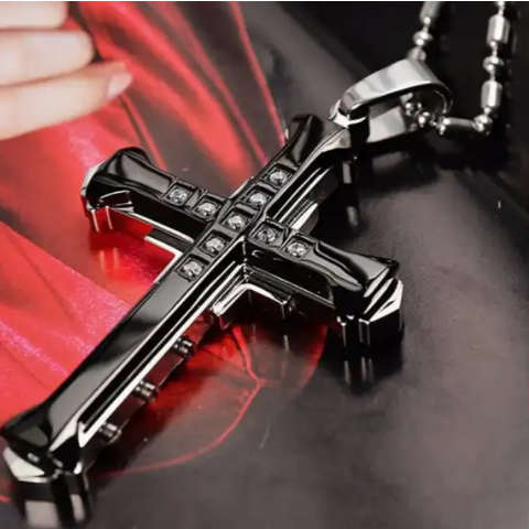 Steel Cross Pendant Necklace With Zircon Inlaid - Black (Nr1)