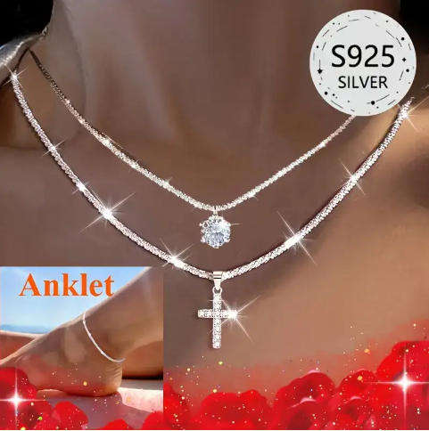 3 Piece 925 Sterling Silver Cross Necklace, Synthetic Zirconia Necklace and Shimmering Anklet (Nr41)