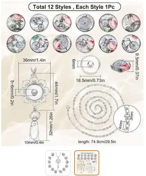 DIY 12pc Vintage Bicycle Glass Snap Button Stainless Steel Chain Kit. B35
