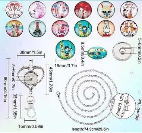 DIY 12pc Lama Glass Snap Button Alloy Chain Necklace Jewelry Kit. B4