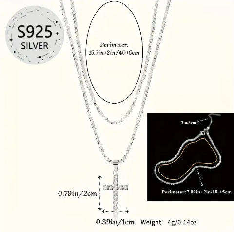 3 Piece 925 Sterling Silver Cross Necklace, Synthetic Zirconia Necklace and Shimmering Anklet (Nr41)