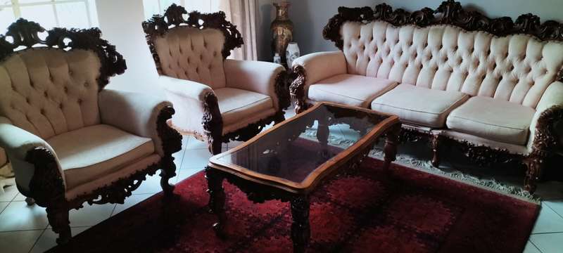Magnificent French Baroque Style Ornately Hand Carved Solid Rose Wood Lounge Set - COLLECTION ONLY