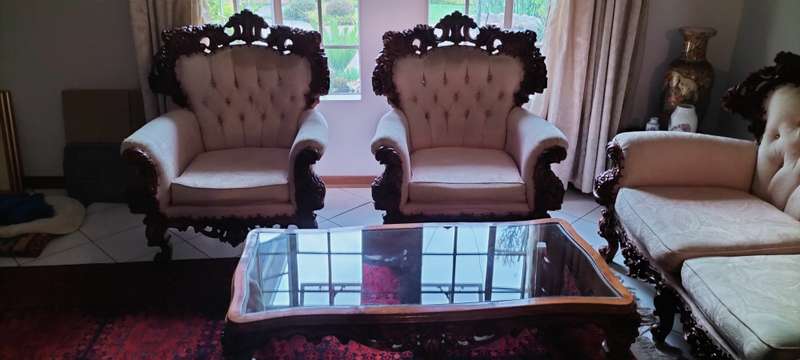 Magnificent French Baroque Style Ornately Hand Carved Solid Rose Wood Lounge Set - COLLECTION ONLY