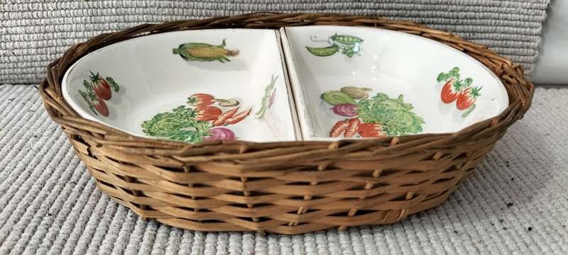 Superb Vintage NAPCO/Royal Sealy Delicate Two Ceramic Relish Dishes in Wicker Basket